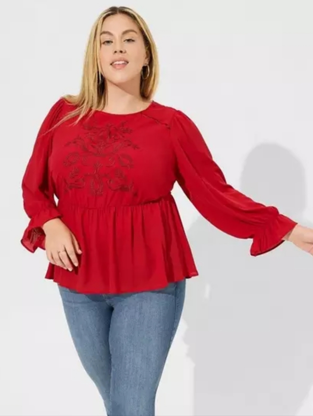 Torrid Peplum Red Georgette Embroidered Long Sleeve Blouse Plus Size 4X